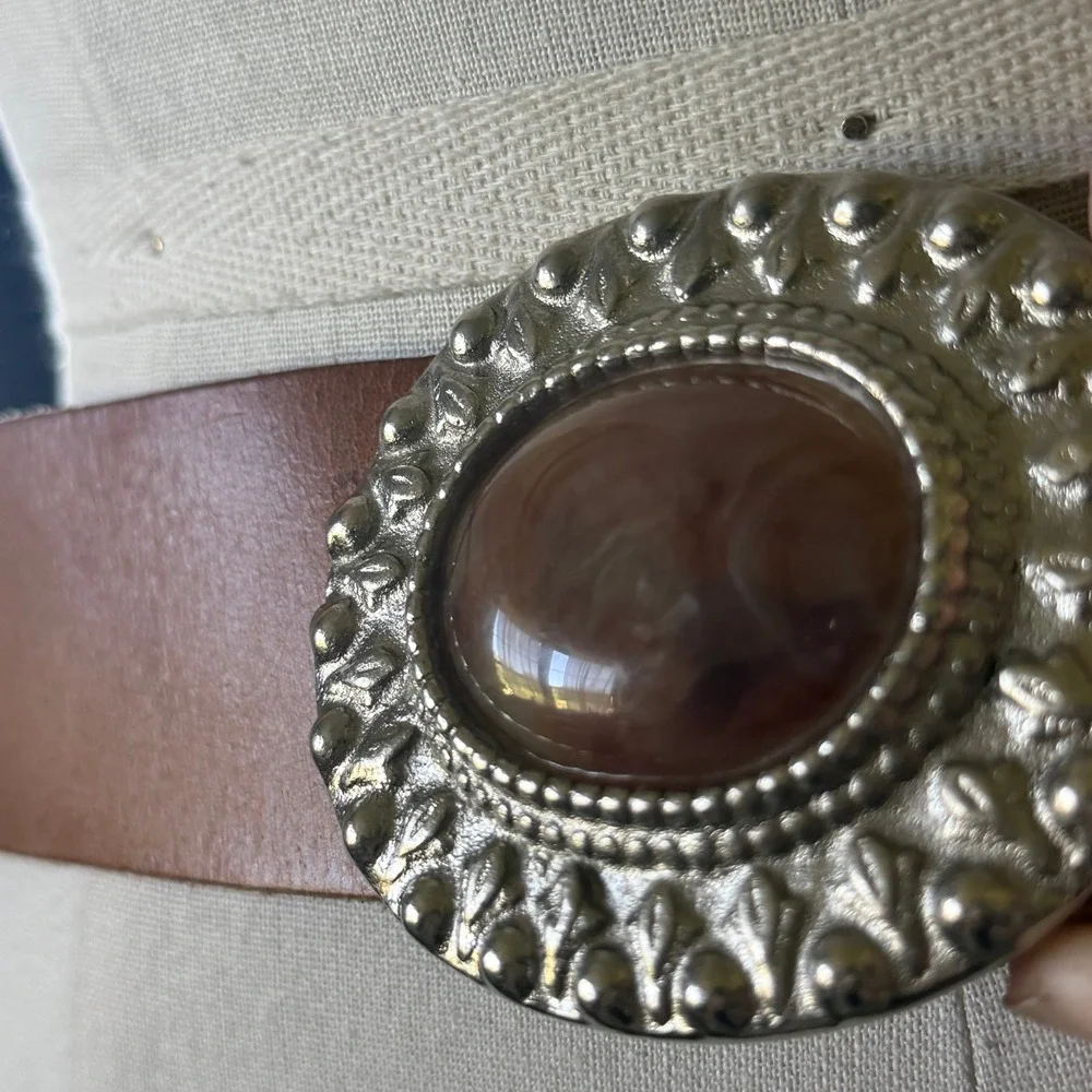 Vintage Brazilian Leather Belt Silvertone Oval Buckle Agate Stone Tan Western L